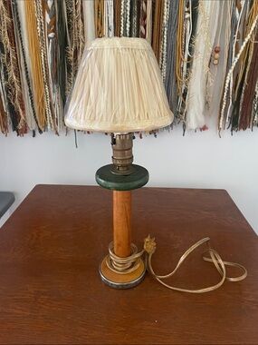 Wooden bobbin lamp with shade - country look